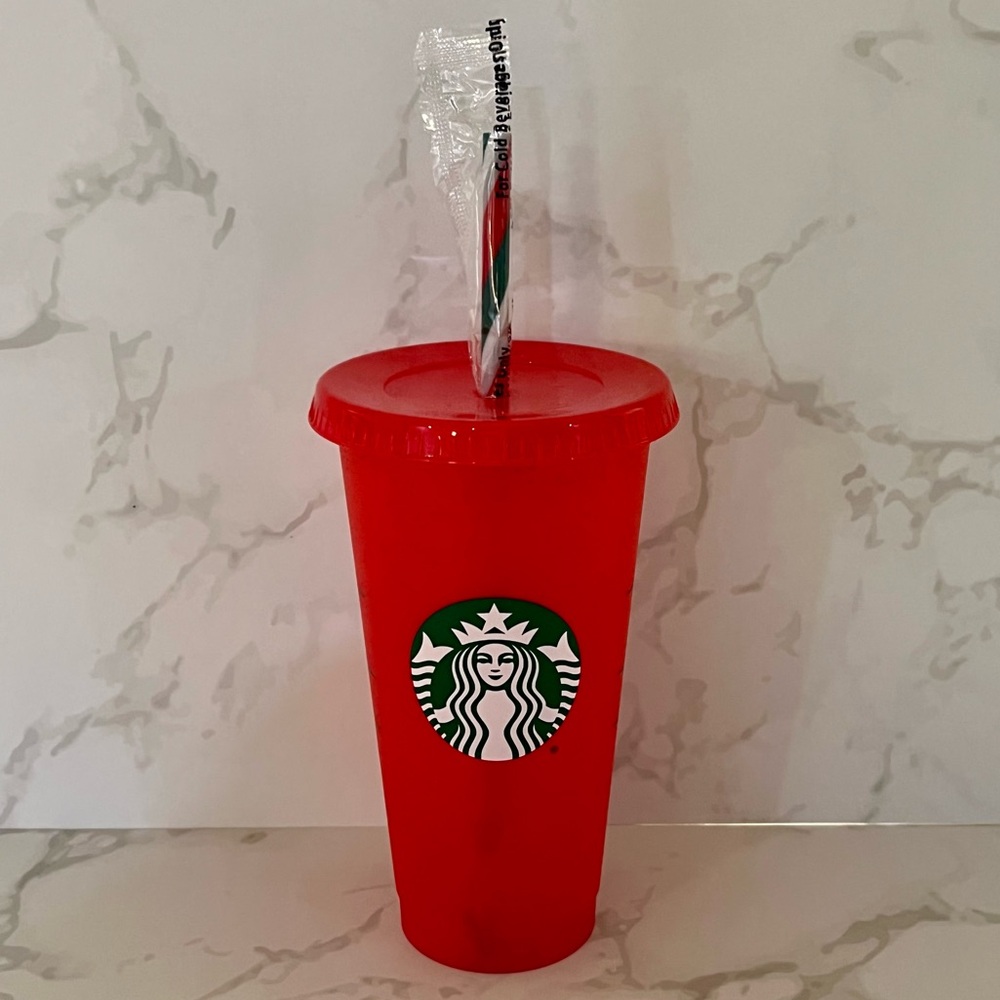 STARBUCKS RED GLITTER REUSABLE TUMBLER WITH HOLIDAY STRAW